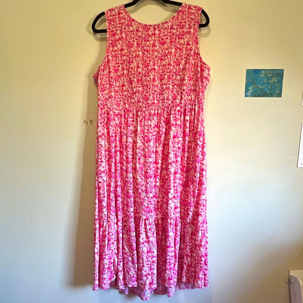 beachlunchlounge Women’s Pink/White Floral Smocked Stretch Midi Dress XL